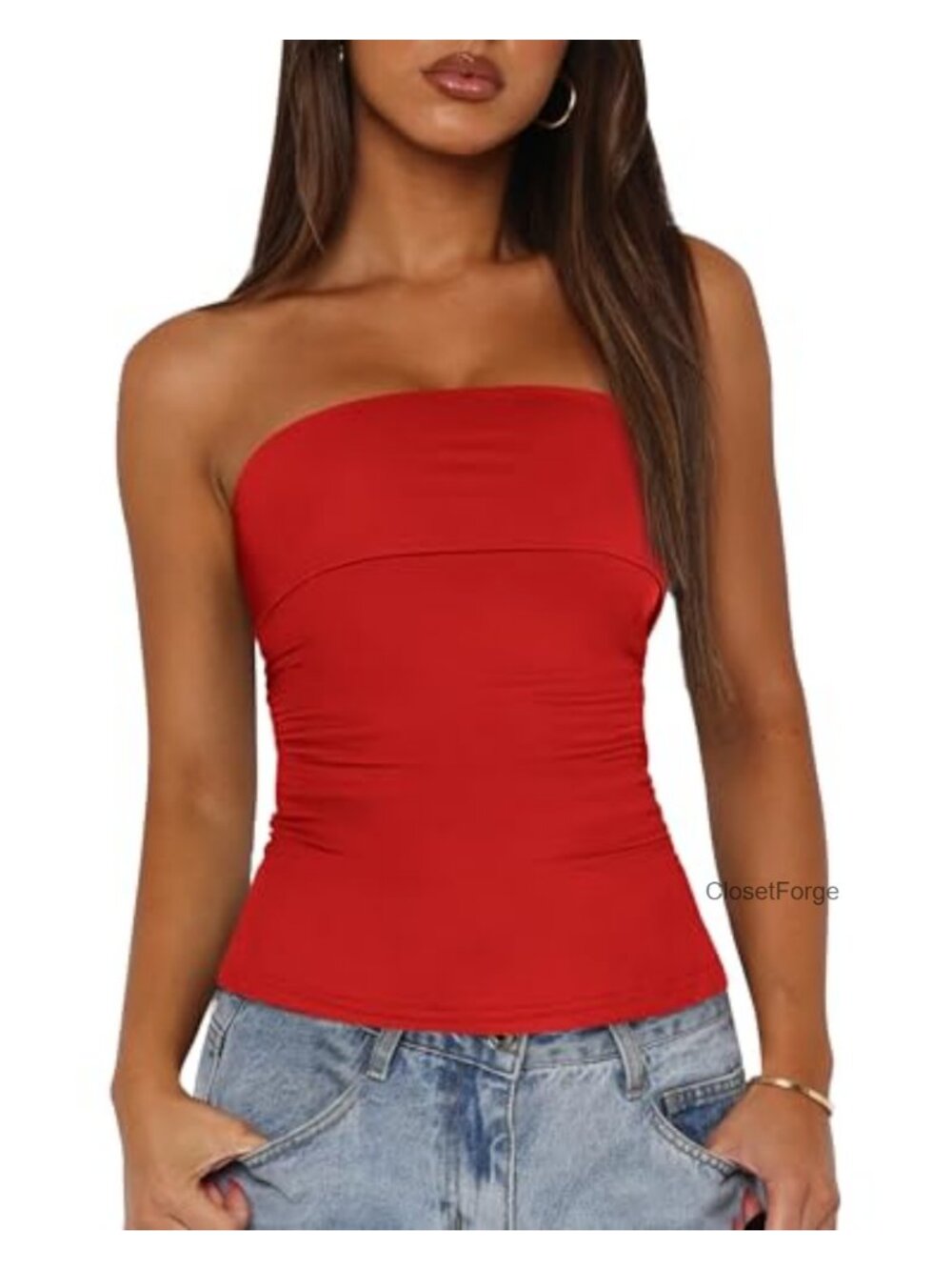 Womens Strapless Tube Top Ruched Slim Fit Sleeveless Summer Casual